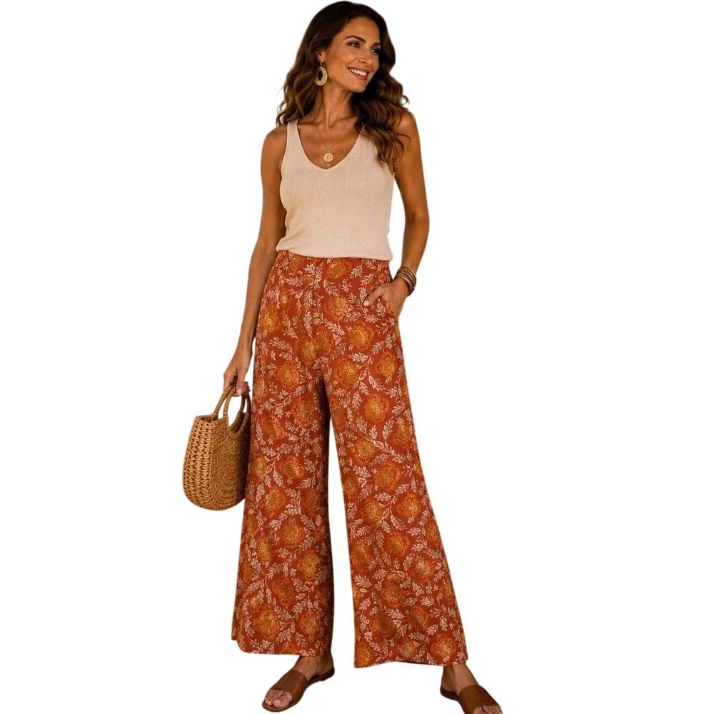 Christian Siriano Women Rust Orange Floral Wide Leg Pants Medium Boho Trousers